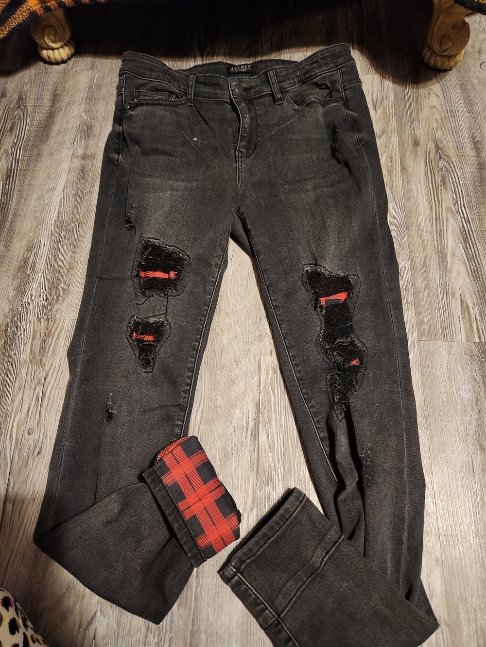 Judy Blue Black Skinny Jeans with Red Plaid Accents